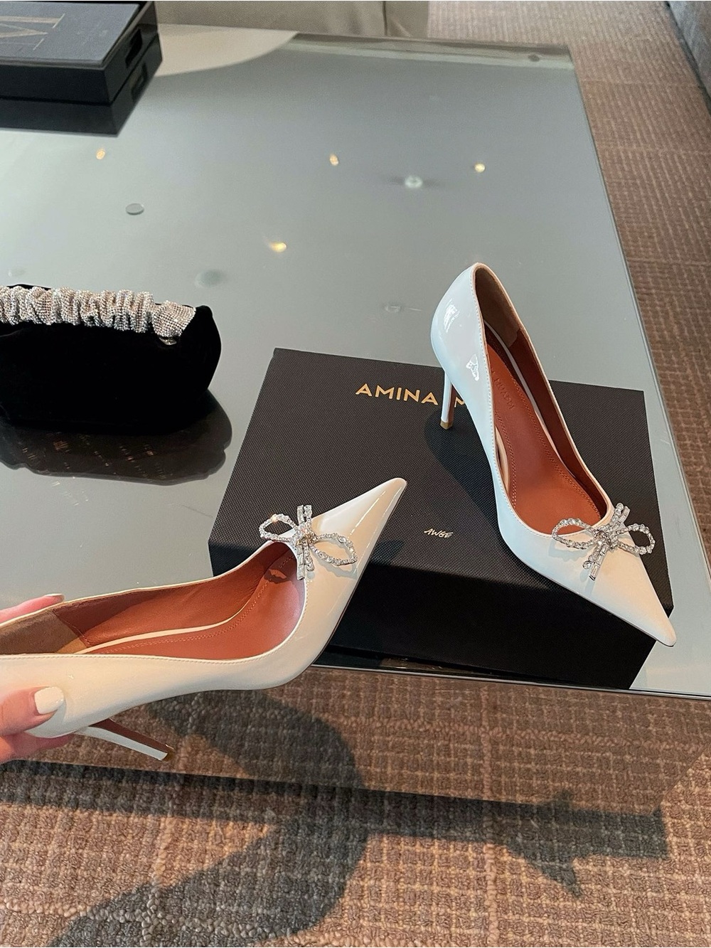 Amina Muaddi White Patent Pointed Pump with Crystal Bow - Picture 4 of 9